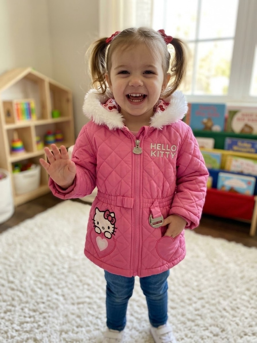 Hello Kitty Pink Quilted Coat with Faux Fur Trim